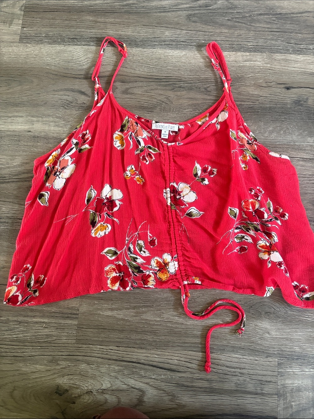 Patrons of Peace Red Floral front scrunch tie Camisole cropped oversized size